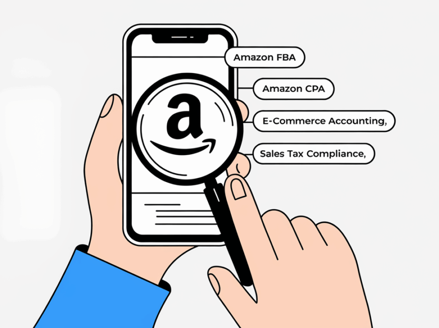 Vector line art of a hand holding a smartphone with Amazon logo and keywords.