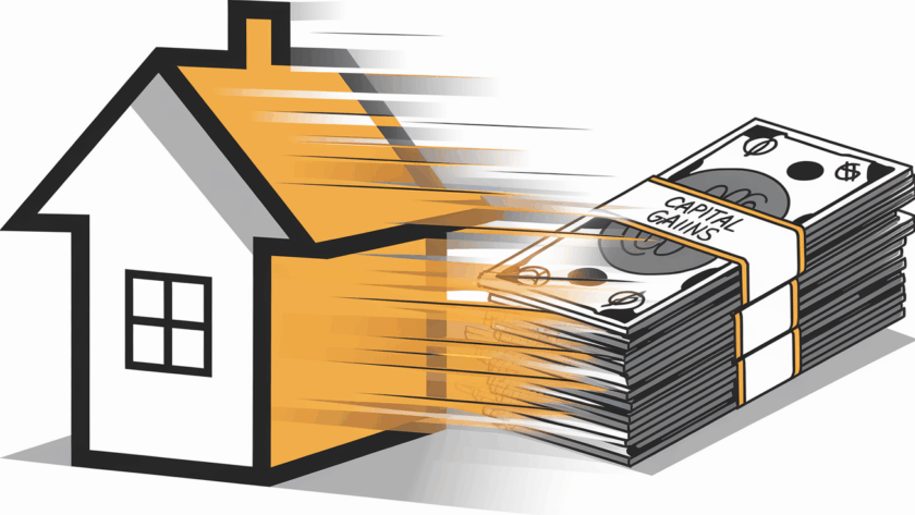 A house turning into a stack of money, representing capital gains from a home sale.