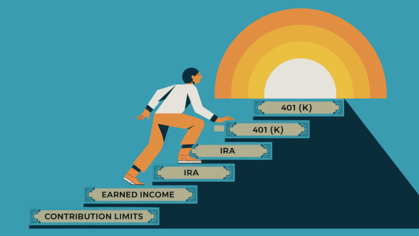 A person climbing stairs of money towards retirement.