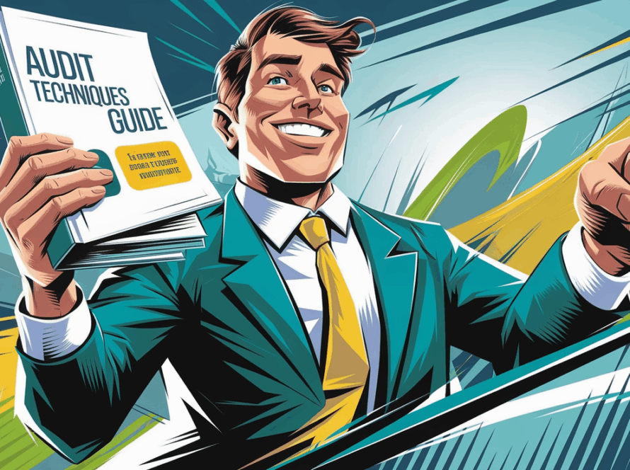An advertising illustration of a smiling taxpayer confidently holding an "Audit Techniques Guide."