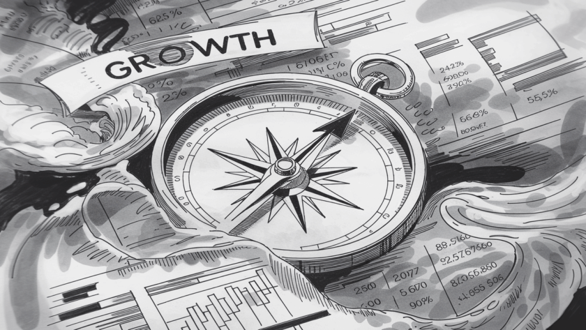 A compass pointing towards the word "Growth" surrounded by financial data.
